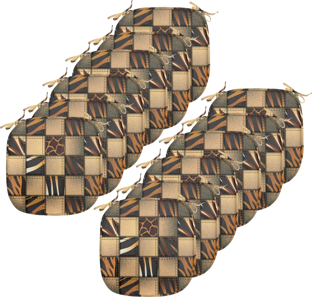 ABAKUHAUS Safari Imbottitura per sedie da sala da pranzo, patchwork in denim jeans, cuscino decorativo impermeabile con cinturini per sedie da cucina, 40 cm x 40 cm - confezione da 12, marrone e nero
