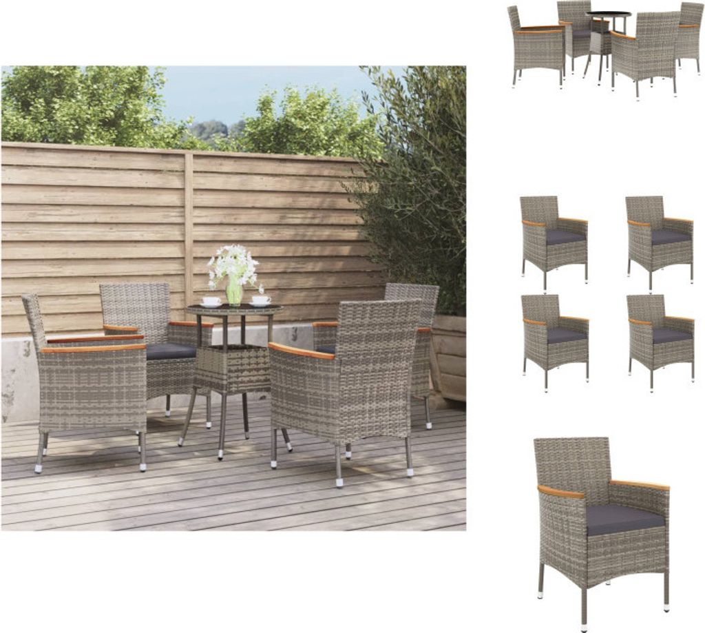 vidaXL 5-tlg. Garten-Bistro-Set mit Kissen Grau Poly Rattan - Gartenmöbel-Sets