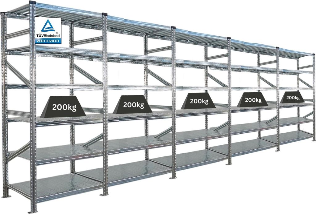 Fachbodenregal PROXIMO mit Stecksystem | Komplettregal | HxBxT 210x450x60cm | 6 Ebenen | Beidseitig nutzbar | Verzinkt