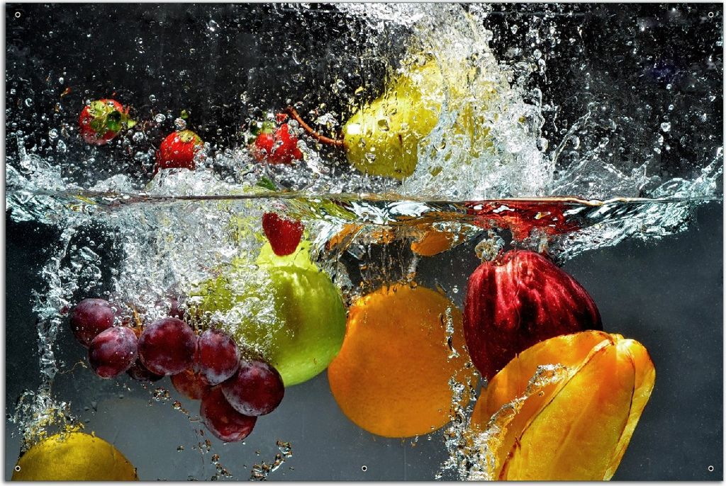 Wallario Outdoor-Poster für Garten oder Balkon, Motiv Früchte im und unter Wasser - Splashing Fruits, in ca. 61 x 91,50 cm