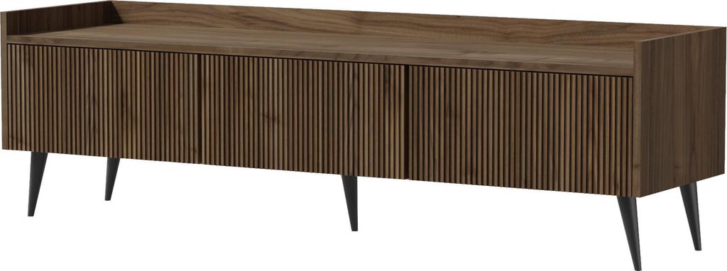 TV-Lowboard 150 cm mit Rillenfronten & hohen Metallfüßen – Fernsehschrank mit Stauraum und Kabelmanagement in Braun Walnuss Holzoptik – Mini...