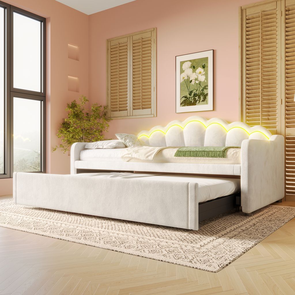 Merax 3-in-1 Tagesbett mit LED-Beleuchtung, Kinderbett Zweisitzer Sofabett, Ausziehbares Doppelbett (90×200 cm/180×200 cm), Samtbezug in Beige