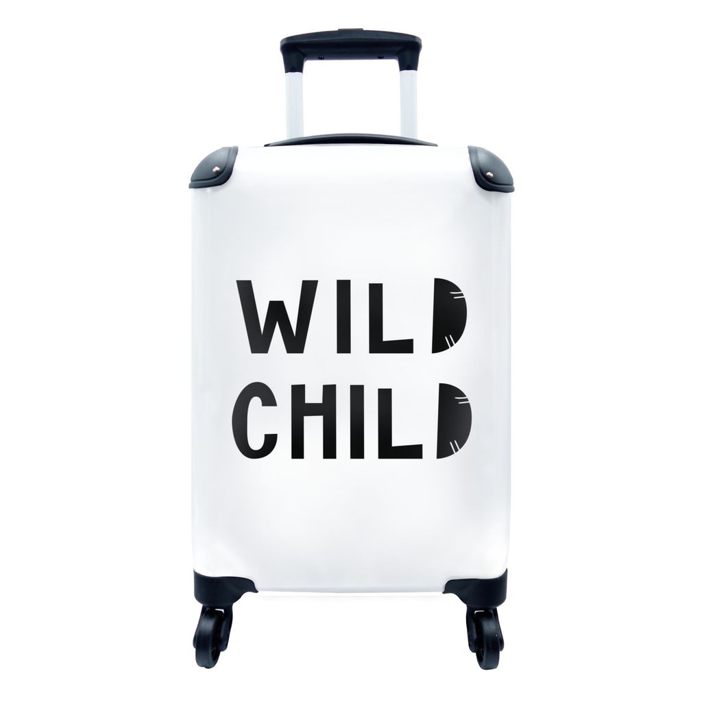 MuchoWow Koffer Handgepäck Trolley Rollkoffer Kleine Reisekoffer mit 4 Rollen - Kinderillustration mit dem Zitat "Wildes Kind" auf weißem Hinte...