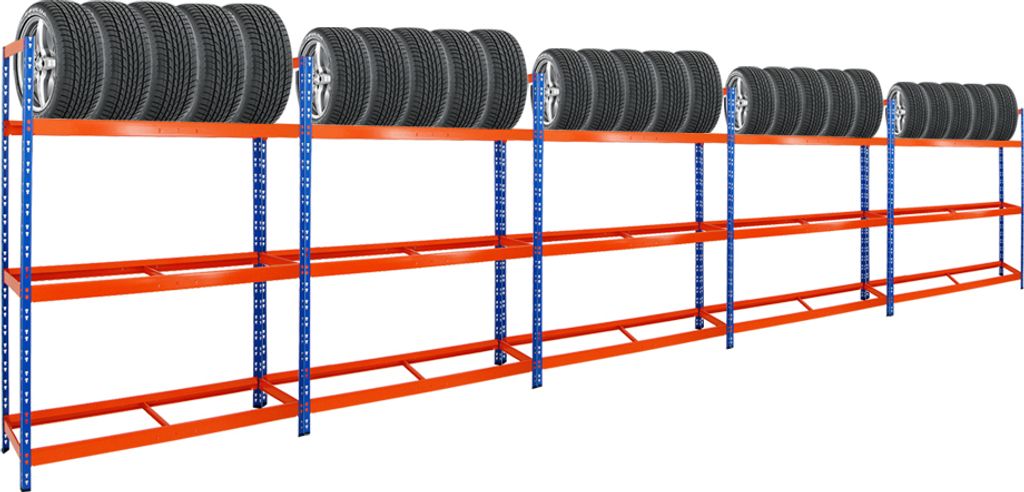 Mega Deal | 5x Reifenregal Tiger XL | HxBxT 200x150x45 cm | 300kg Fachlast | bis zu 90 Reifen | Blau-Orange