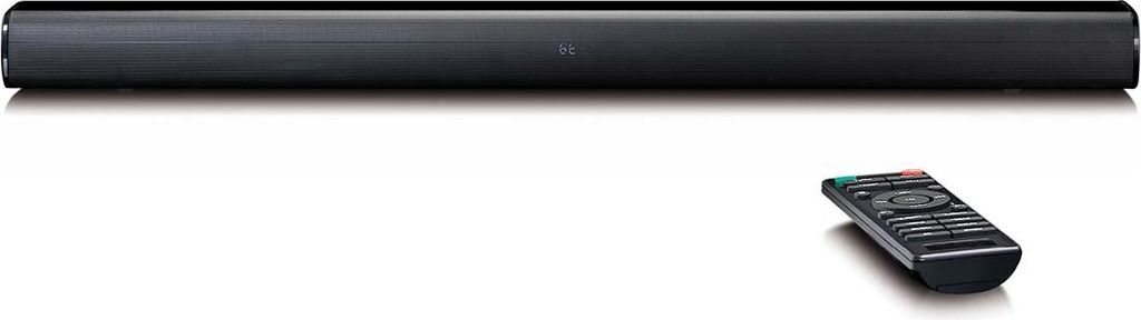 A black soundbar and a black remote control are shown against a white background.