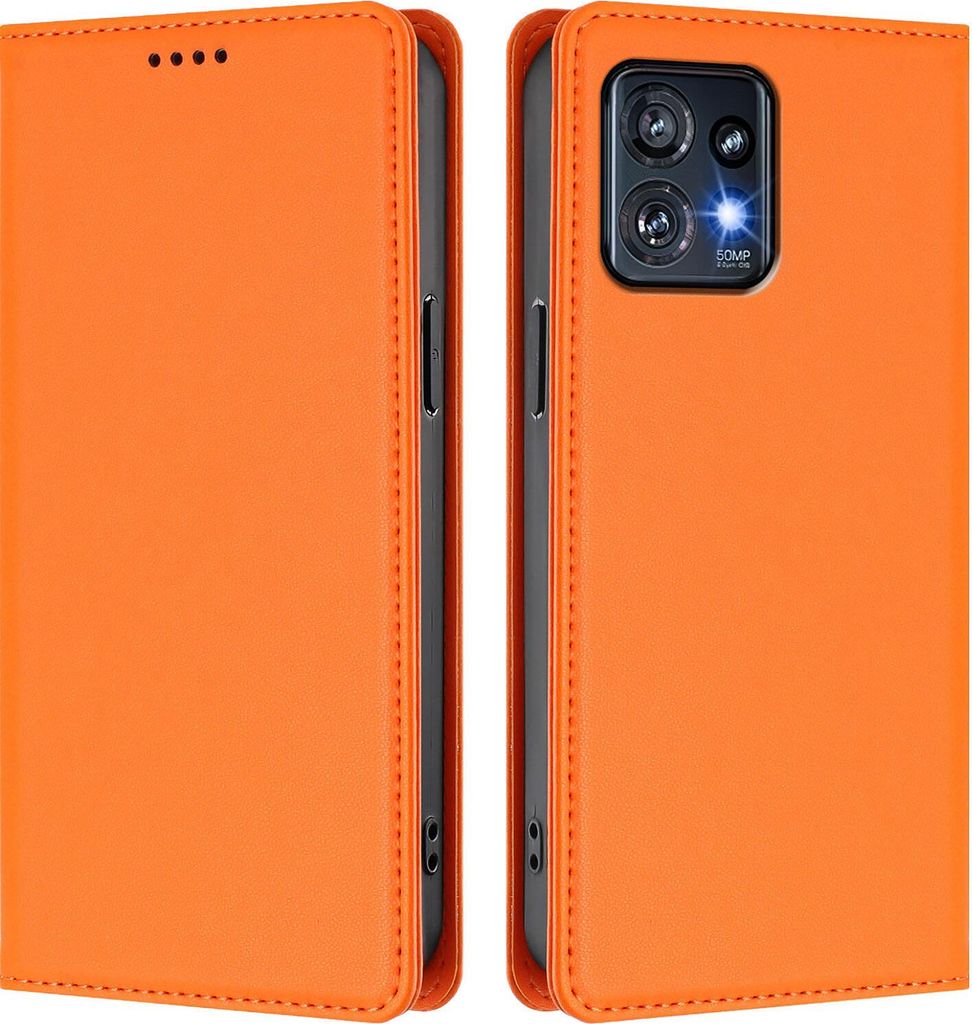 Handyhülle für Motorola Edge 40 Pro / Edge+ 2023, Kunstleder Klapphülle Stoßfeste Magnetische Hülle mit Ständer Orange