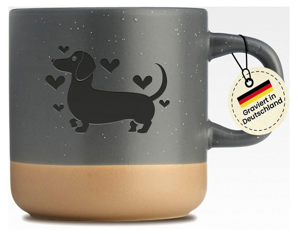 Dackel Tasse mit Gravur - Geschenkidee für Hundebesitzer - 360 ML - Spülmaschinenfest - Grau