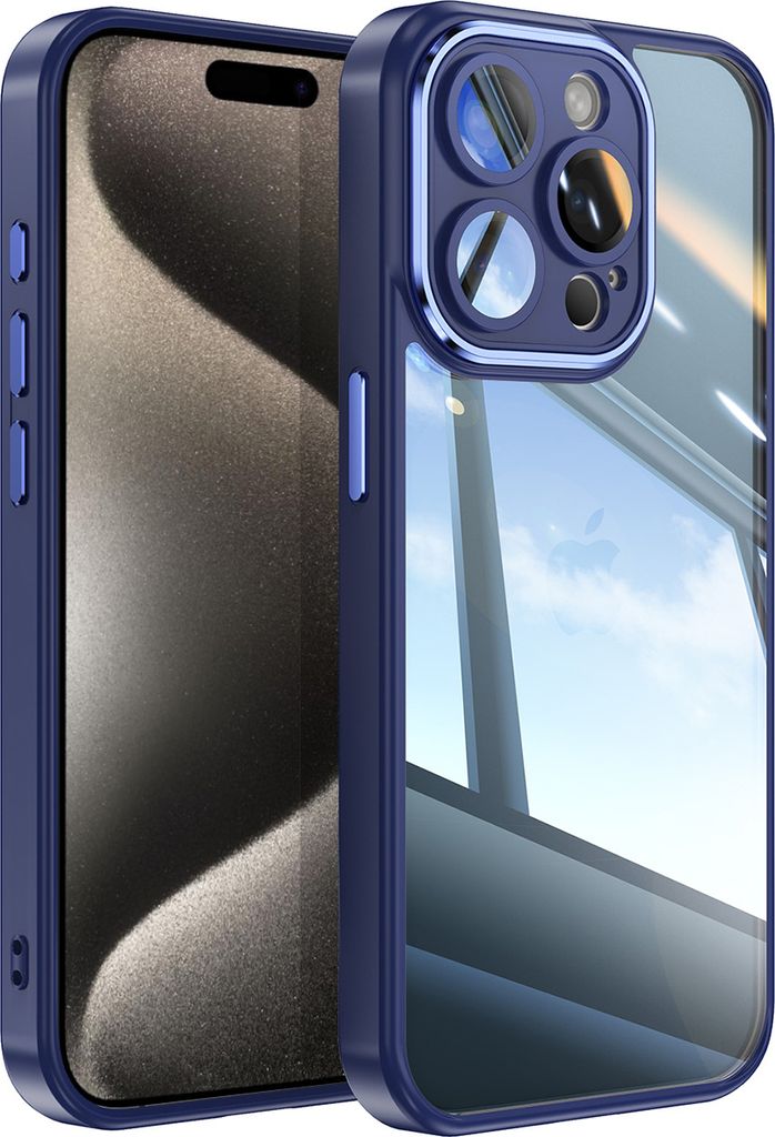Handyhülle für iPhone 15 Pro Max Hybrid Transparent TPU PC Militärschutz mit Kameraabdeckung Blau