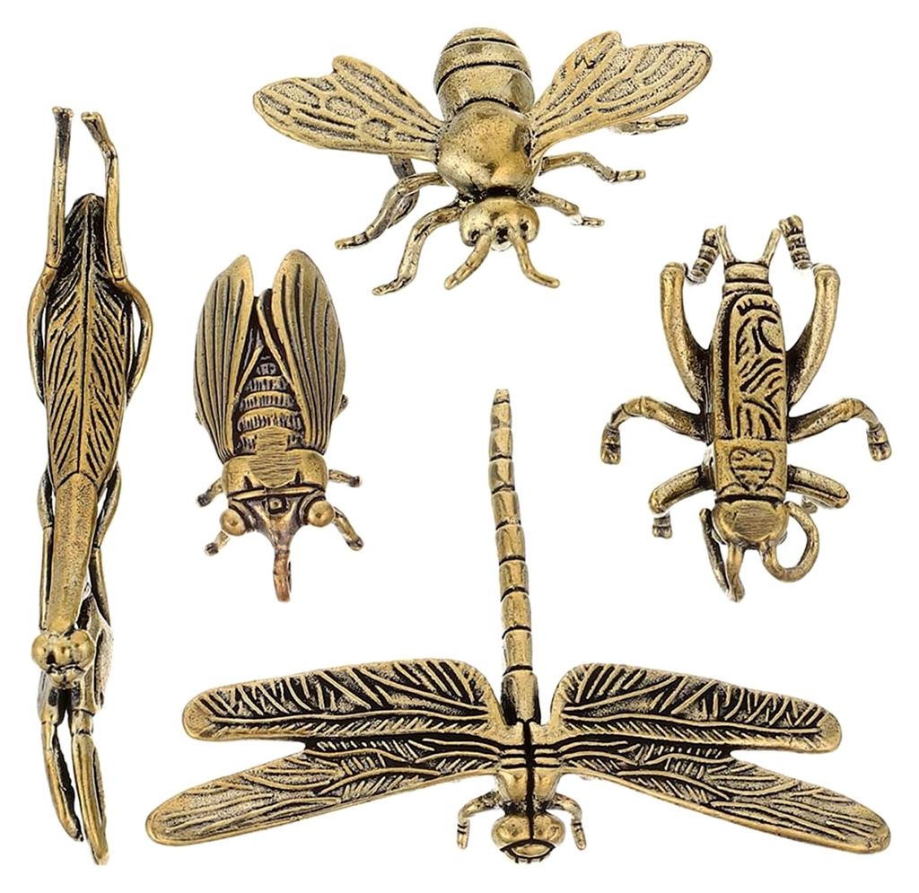 Set mit 5 Messing-Insekten-Dekoren – Realistische Skulpturen von Libellen, Bienen, Grillen und Gottesanbetern – Dekoration für Schreibtisch un...