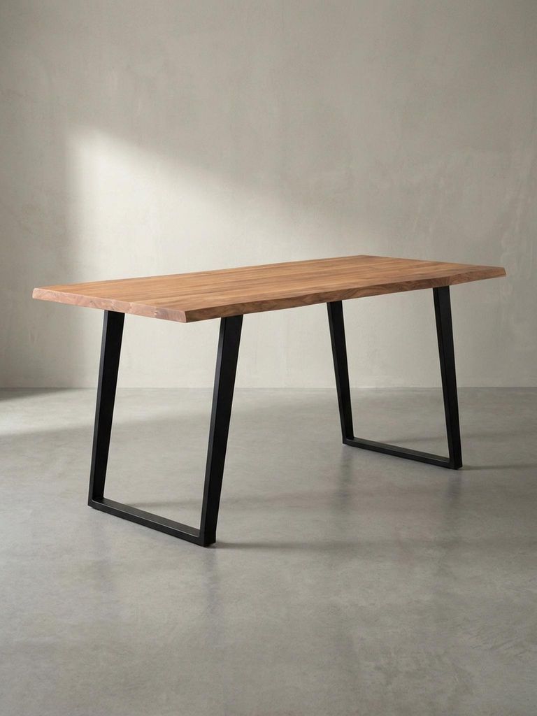 Massivholz Esstisch mit Baumkante | Esszimmertisch für Familien | Küchentisch Industrial Design | U-Form Metallgestell | 160x80 cm Goldbraun | At...