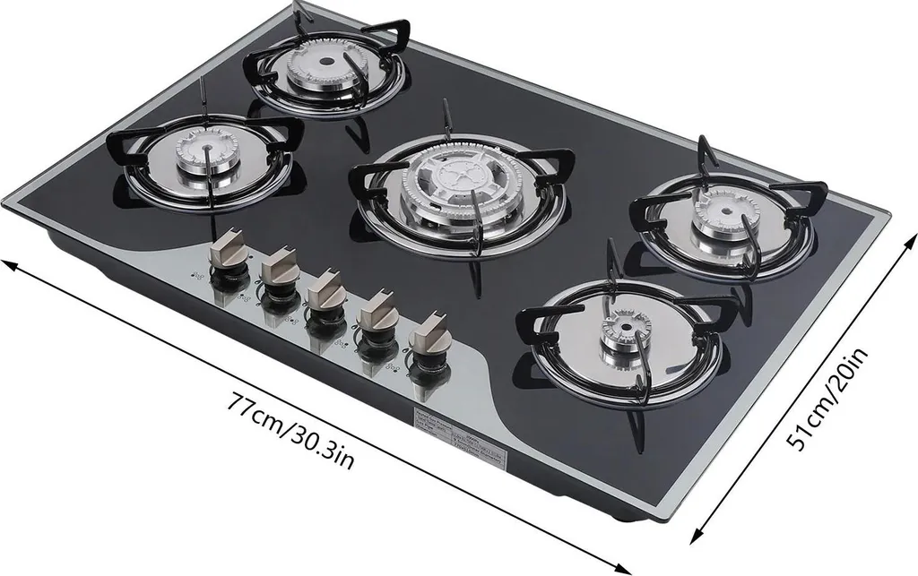 Table de cuisson gaz 5 brûleurs sécurisée en verre noir facile à nettoyer