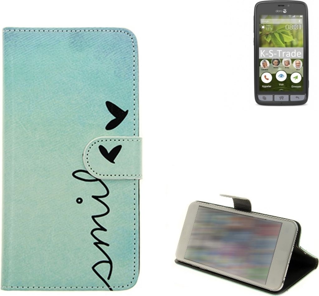 K-S-Trade Schutz-Hülle Handy-Hülle kompatibel mit doro 8031 Hülle Wallet Case Flip cover bookstyle Etui Handyhülle ''smile'' türkis