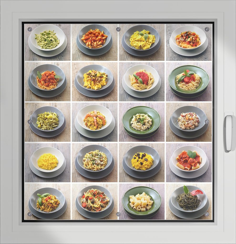 Wallario Lichtschutzbild, Dekorativer Sichtschutz Sonnenschutz 96 x 93 cm mit Motiv: Italienische Pasta - Verdunklung ohne Bohren