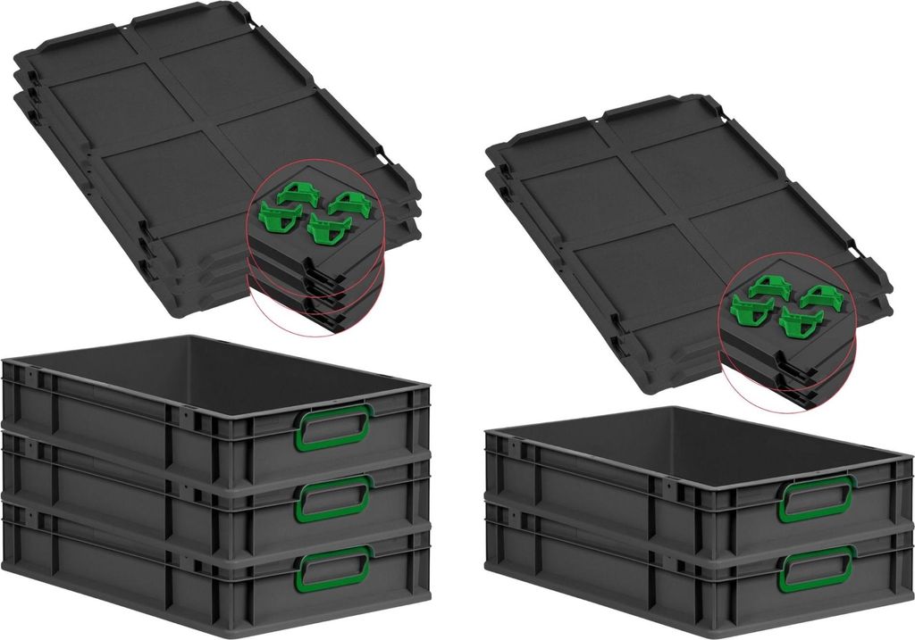 SparSet 5x Eurobox NextGen Color mit Auflagedeckel und Schiebeschnappverschlüsse | HxBxT 12x40x60cm | 23 Liter | Schwarz | Griffe grün geschlosse...