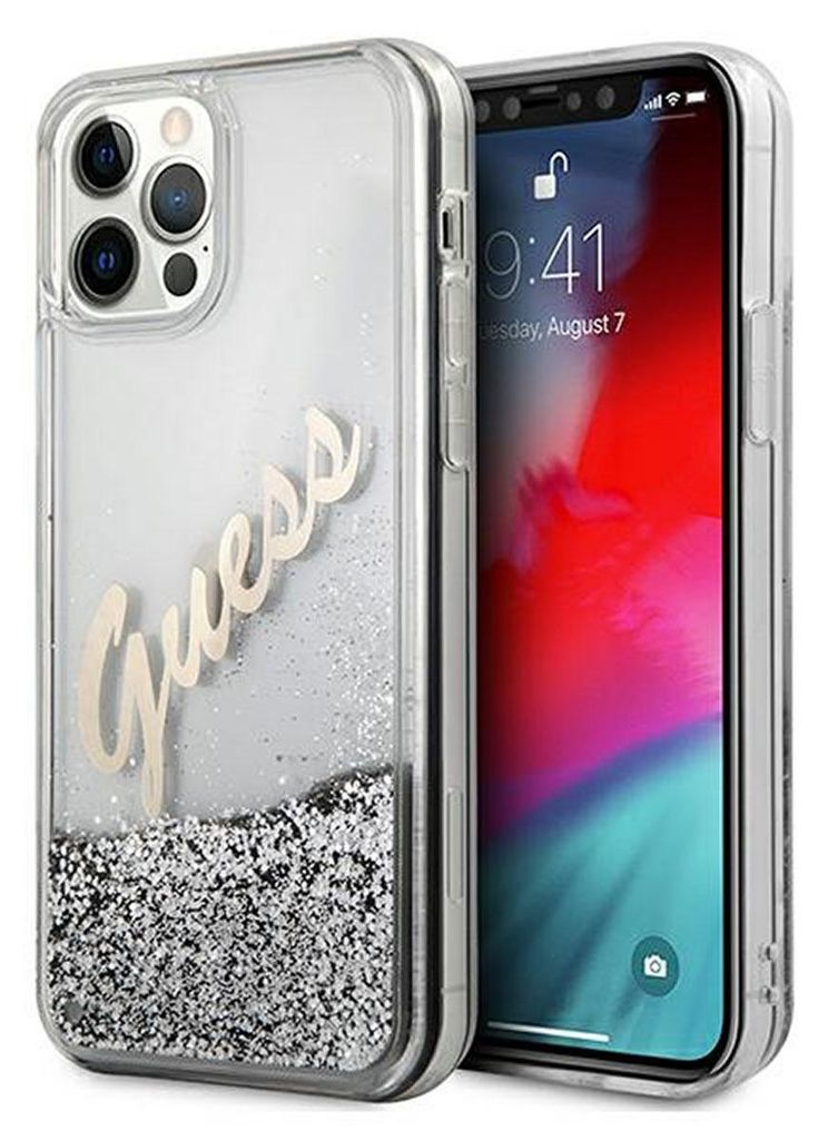 Guess Apple iPhone 12 Pro Max Silber Glitter Vintage Script Produktbild 
