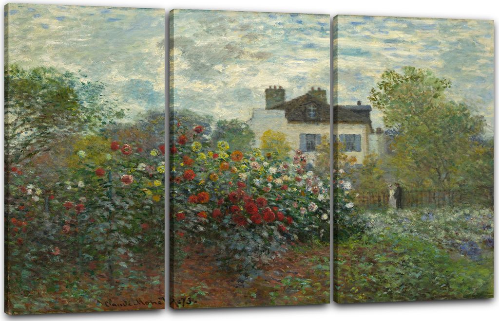Leinwandbild 3-teilig (120x80cm): Claude Monet - Des Künstlers Garten in Argenteuil (Eine mit Dahlien bewachsene Gartenecke) (1873), echter Holz-K...
