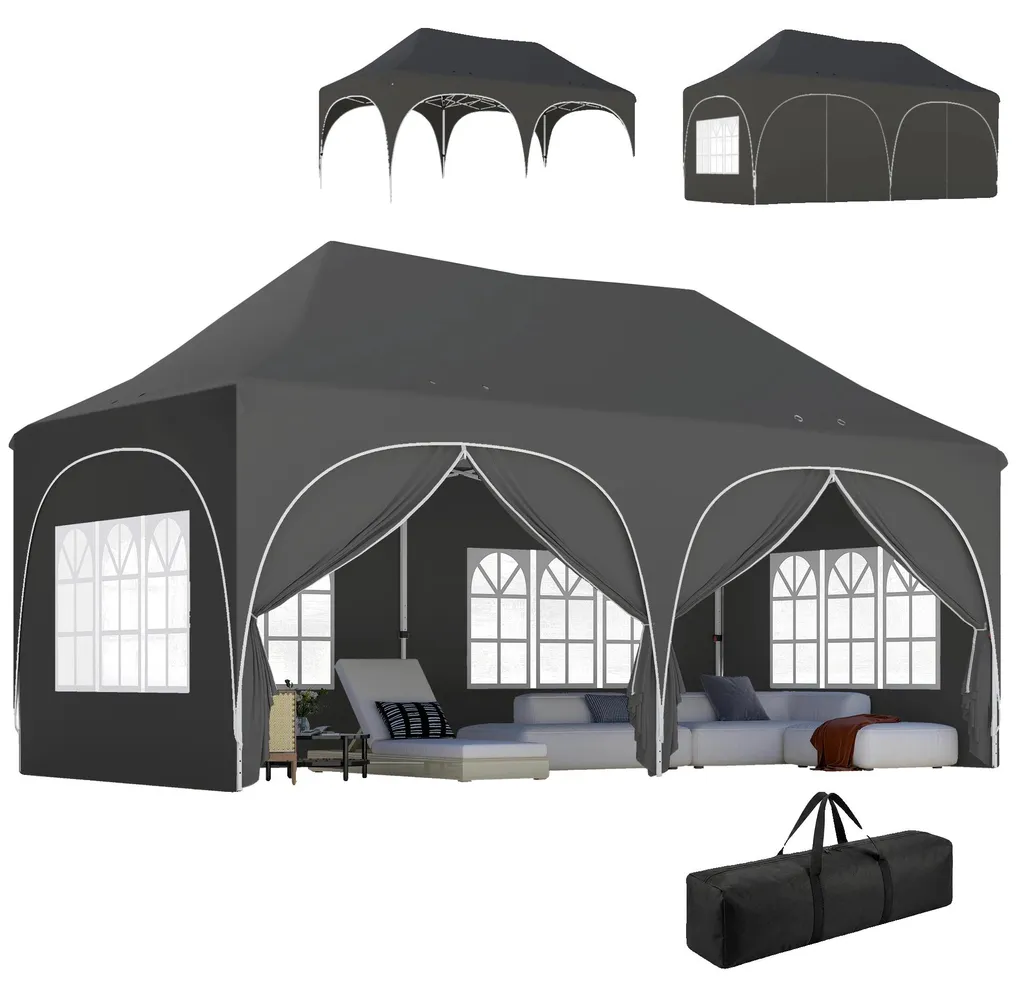 Pavillon de jardin gris foncé design éphémère à hauteur réglable 3x3m