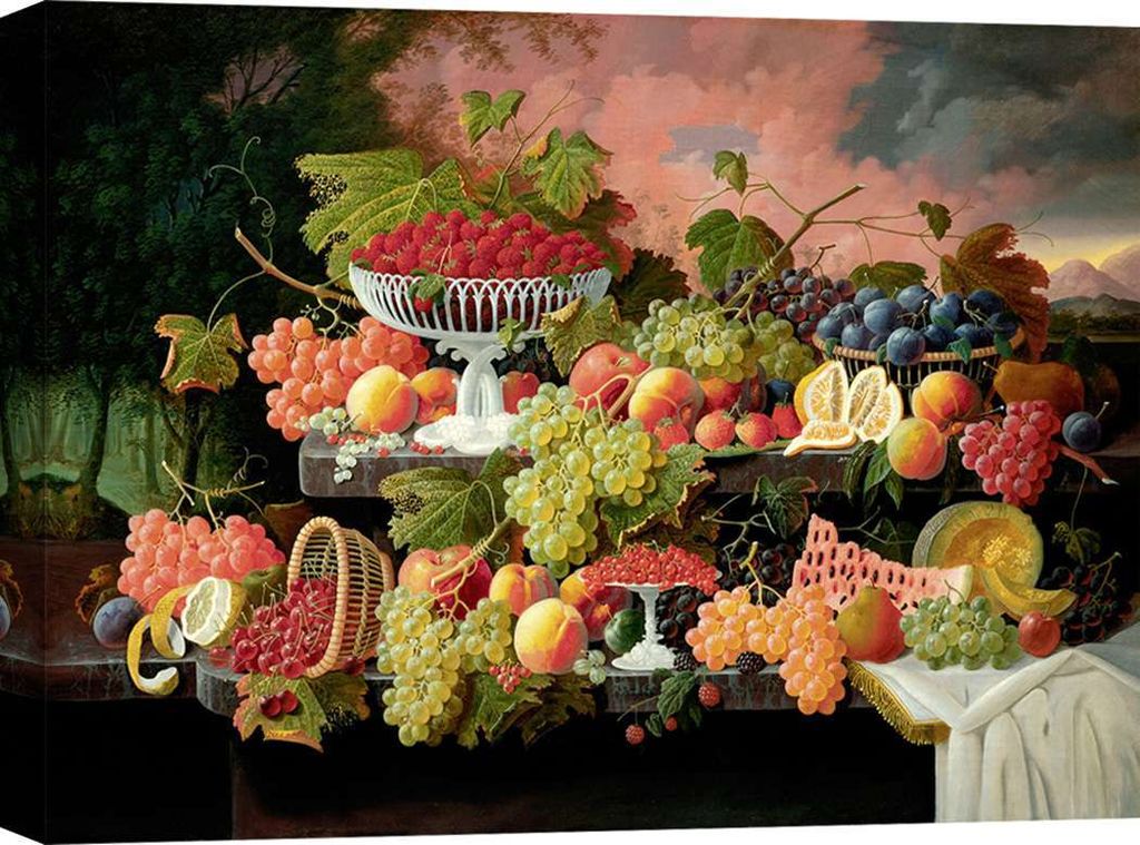 Leinwandbild, Stillleben - Severin Roesen, Two-Tiered Still Life with Fruit and Sunset Landscape – 80x60 cm