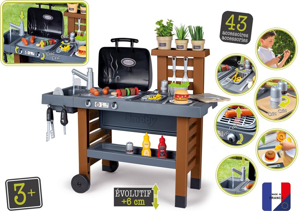 Smoby Outdoor Gartenküche - Große Arbeitsfläche, Plancha Grillfläche, Anzünder, Fritteuse, Spülbecken für Kinder