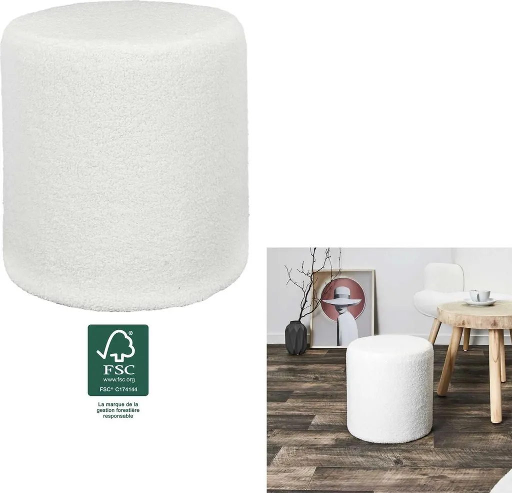 HowHomely Pouf en tissu bouclé blanc 35 cm rond - Assise d'appoint chic