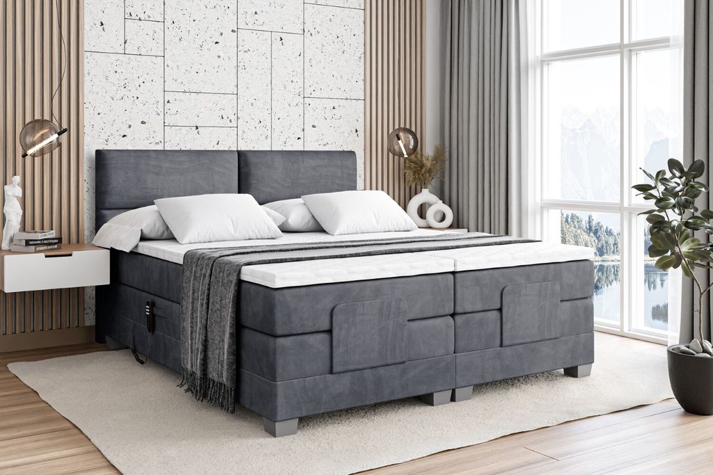 ALTDECOR Boxspringbett elektrisch verstellbar mit 2 Matratzen H3/Bonell- und H4/Taschenfederung + Topper (4 cm hoch), Polsterbett mit Kopfteil MAYA...
