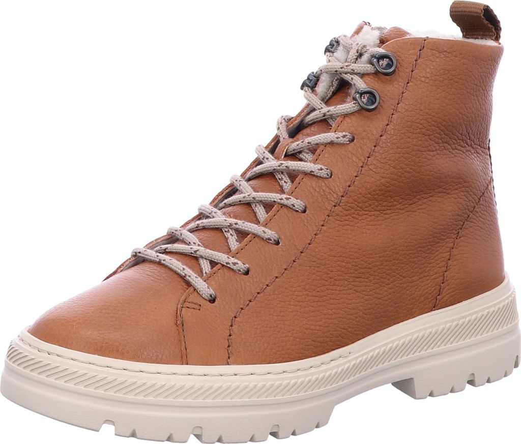 A single brown leather boot is shown against a white background.
