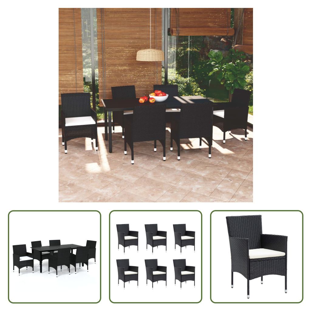 The Living Store 7-tlg. Garten-Essgruppe mit Kissen Poly Rattan Schwarz