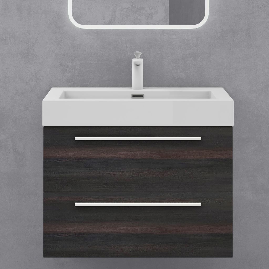doporro Badmöbelset Waschbeckenunterschrank 73cm, Unterschrank in Vulkan mit Mineralguss-Waschbecken Quadratto