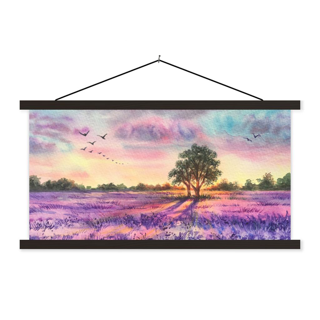 MuchoWow Textilposter Lavendel - Farbe - Vögel - Bäume - Lila 150x75 cm mit schwarzem Rahmen - Posterleiste