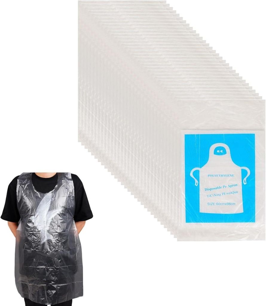 Packung mit 100 wasserdichten Einweg-PE-Schürzen, geeignet für Malerarbeiten, Metzgerei, Kochen, Heimwerken und industrielle Anwendungen.