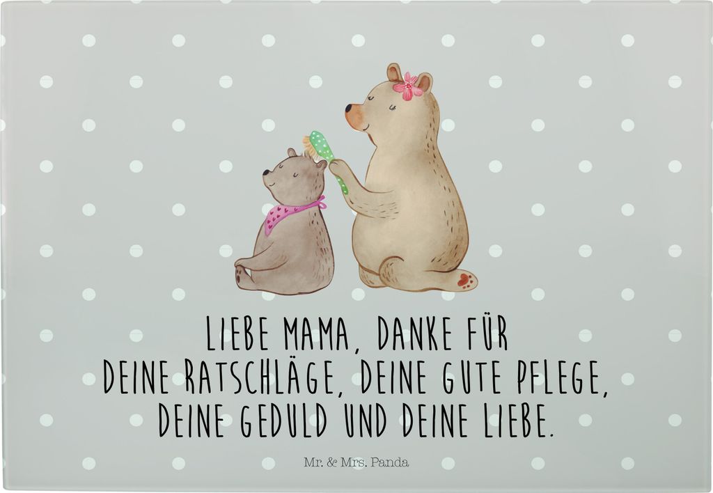 Mr. & Mrs. Panda Schneidebrett Bär Kind - Grau Pastell - Geschenk, Servierplatte Glas, Schneideplatte, Bären, Muttertag, Mutter, Mom, Frühstück...