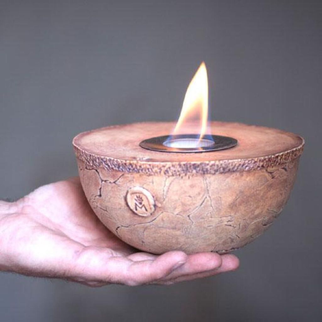 Braunes Keramik Tischfeuer Zylinderförmig mit Sichtflamme, Ethanol-Betrieb, rückstandsfrei, 19x19x11 cm