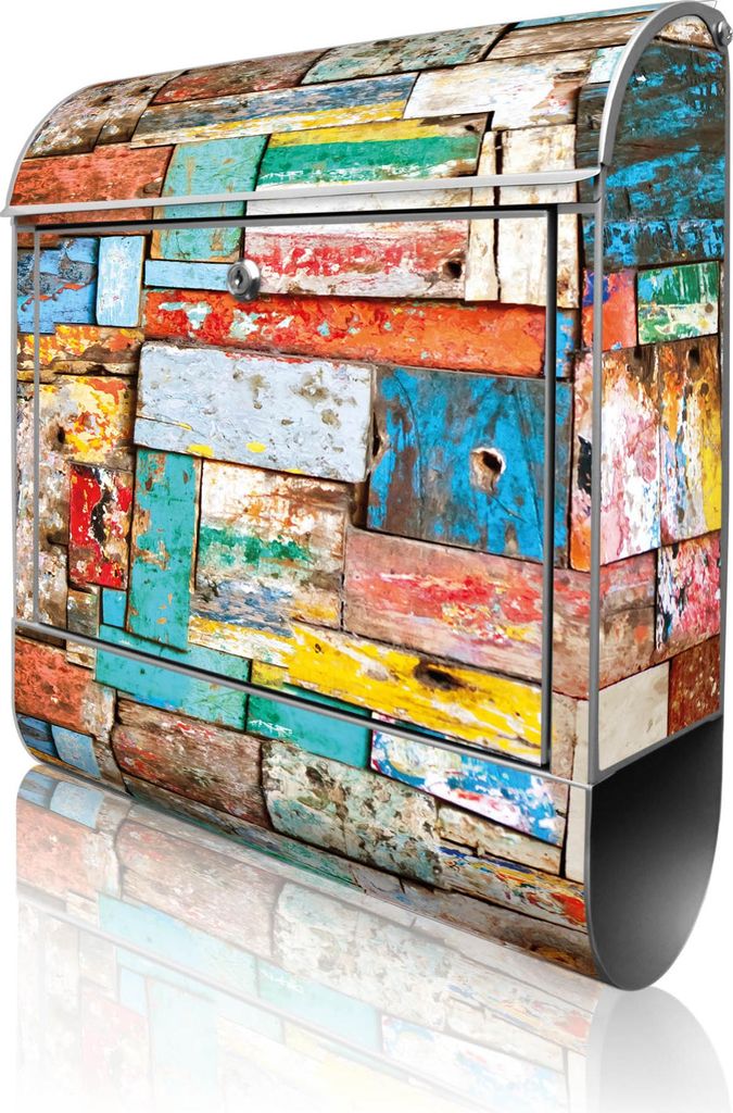 banjado Design Briefkasten Stahl silber mit Zeitungsfach pulverbeschichtet "Bunte Holzschindeln" 38x46x12,5cm & 2 Schlüssel - Postkasten A4 Einwur...