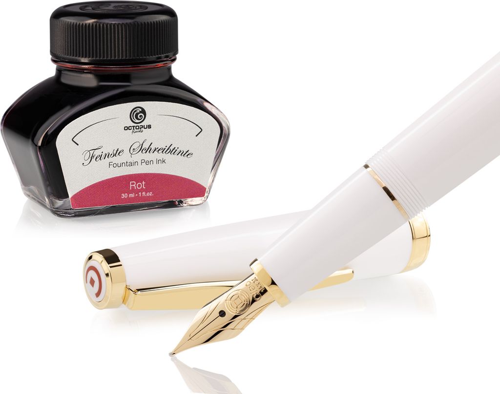 Füllhalter Set Cleo Skribent Classic Gold Weiß, Patronen-Füllhalter und 30 ml Tinte Rot