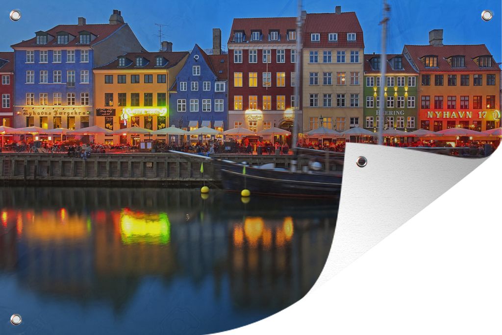MuchoWow 120x80 cm Outdoor-Poster Gartendeko Sichtschutz Garten Poster für den Garten Dänemarks Nyhavn bei Nacht