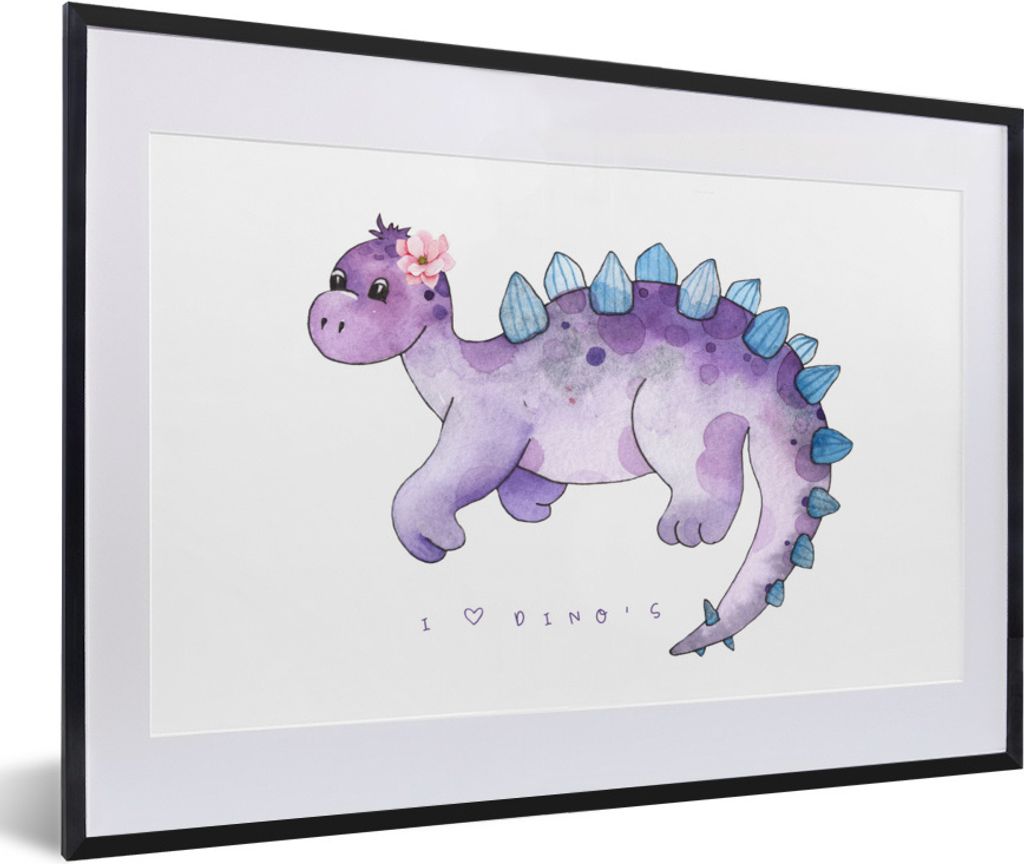 MuchoWow Gerahmtes Poster Dinosaurier - Lila - Kinderzimmer - Mädchen - Kinder - Rosa - Kind 60x40 cm - Poster mit Schwarzem Bilderrahmen Wandpo...