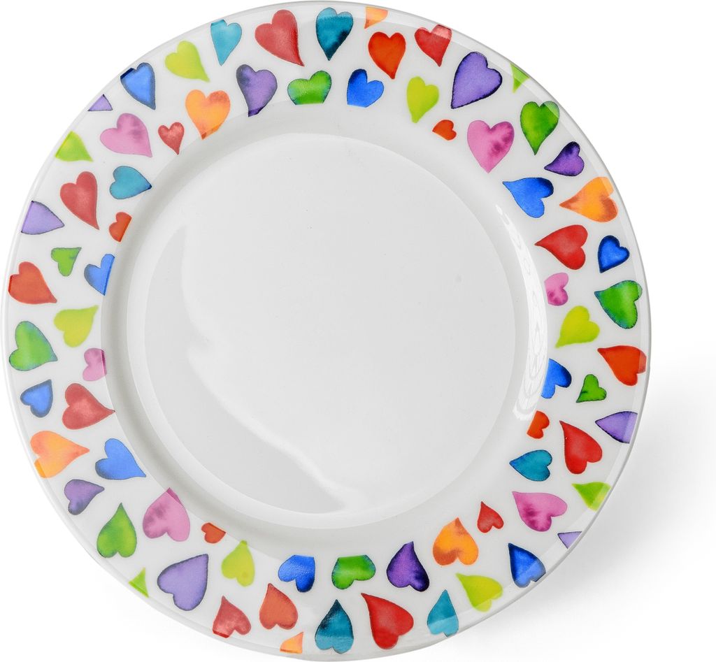 Teller 22 cm Warm Hearts für Kuchen, Aquarell Herz Design in bunten Farben aus Porzellan