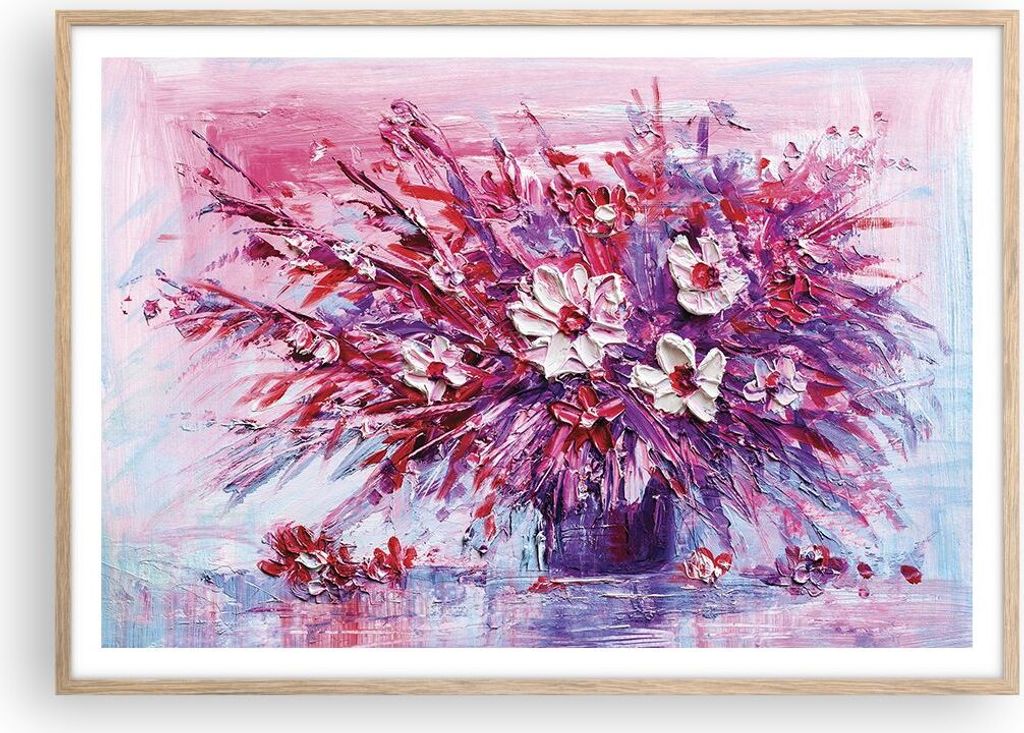 Gerahmtes Poster - Rahmen in heller Eiche - Pastos Blumen Rosa - 100x70 cm - Wand Bild - Wanddeko - Wandbilder - Kunstposter - Wandposter - Bilderr...