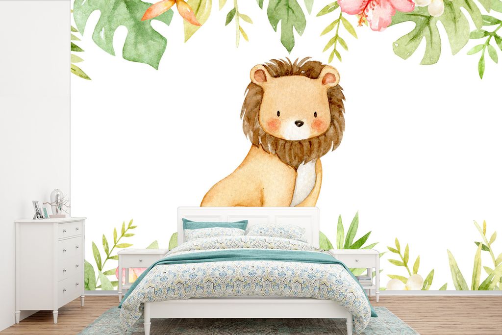MuchoWow Fototapete für Wohnzimmer oder Schlafzimmer Wandtapete Vinyl Motivtapete Löwe - Dschungel - Pflanzen - Blumen - 525x350 cm - Das Hinte...