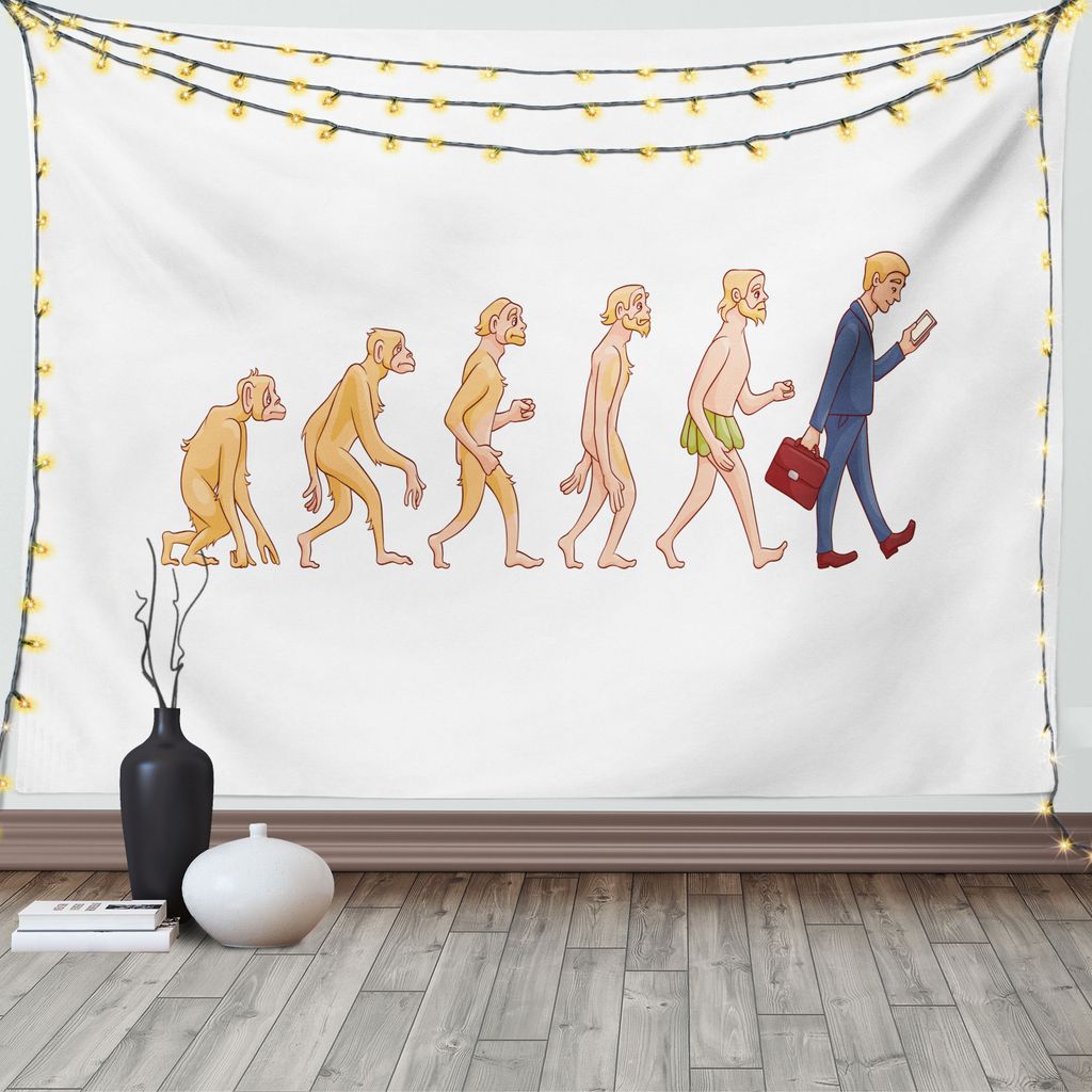 ABAKUHAUS Evolution Wandteppich, Ape Man Cartoon-Entwurf, Wohnzimmer Schlafzimmer Wandtuch Seidiges Satin Wandteppich, 150 x 100 cm, Blasses Orange...