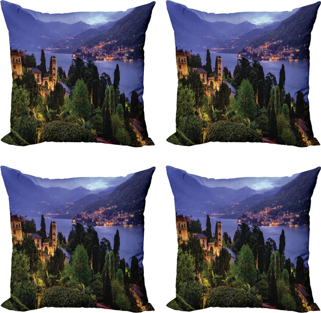 ABAKUHAUS Italienisch Kissenbezug Set (4 Stück), Dorf Aerial Landschaft, Moderner Doppelseitiger Digitaldruck, 45 cm x 45 cm, Blau Grün