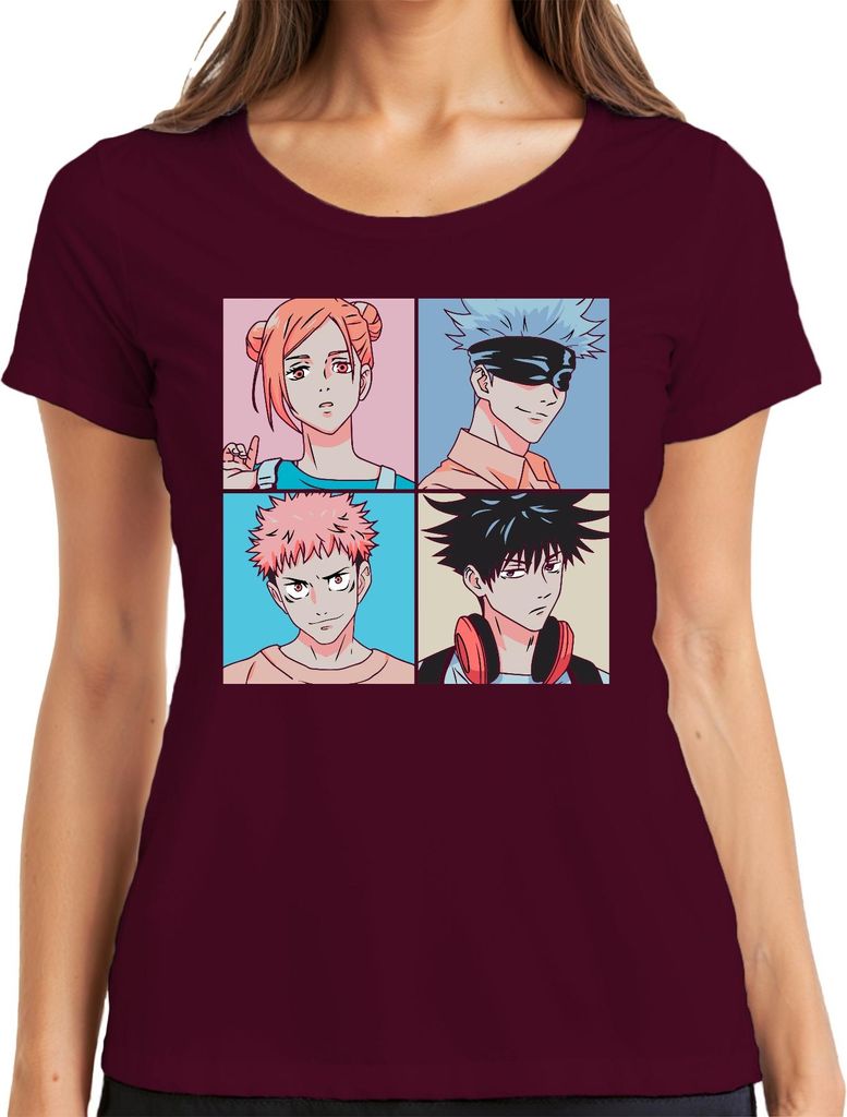 Jujutsu Kaisen Anime Poster Gojo Itadori Fushiguro Kugisaki Damen T-Shirt, Burgundy, XL