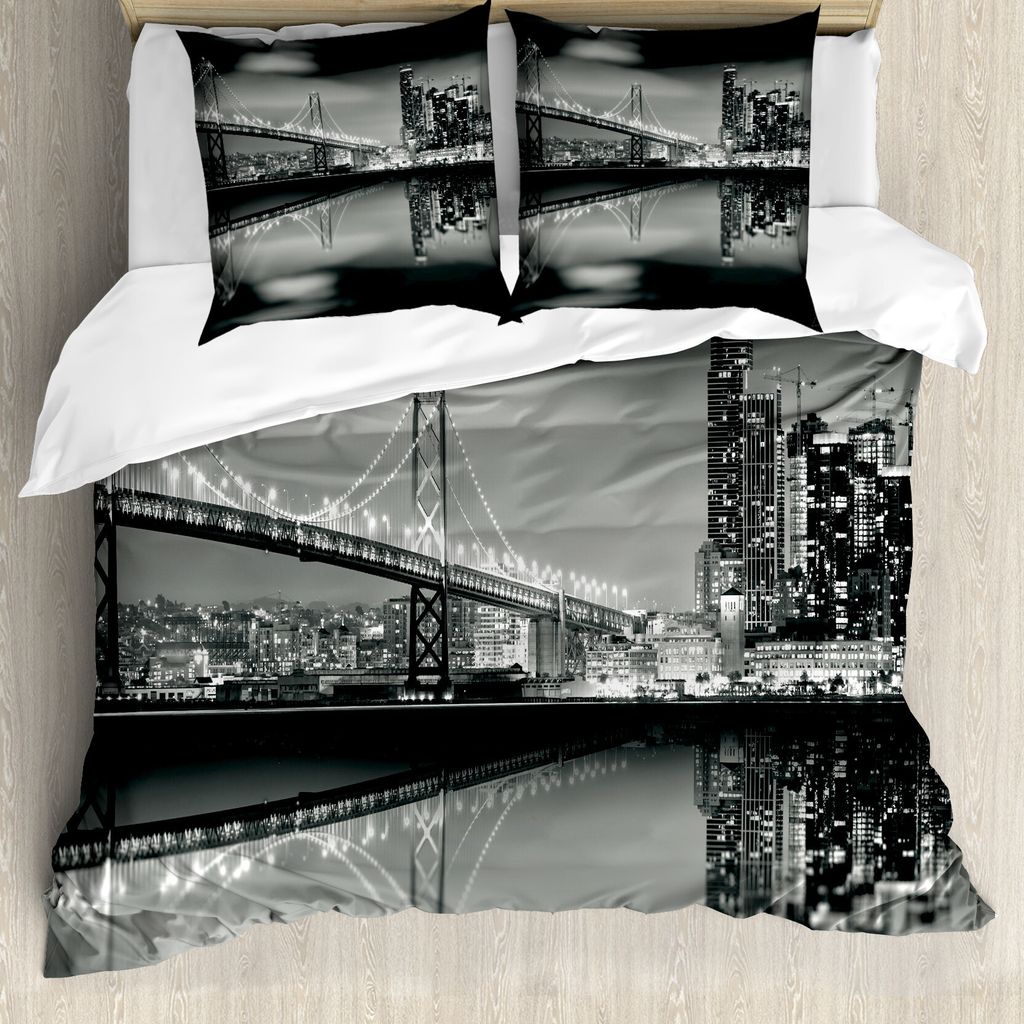 ABAKUHAUS Schwarz und weiß Bettbezugs Set Für Doppelbetten, San Francisco, Milbensicher Allergiker geeignet mit Kissenbezügen, Weiß Schwarz Grau