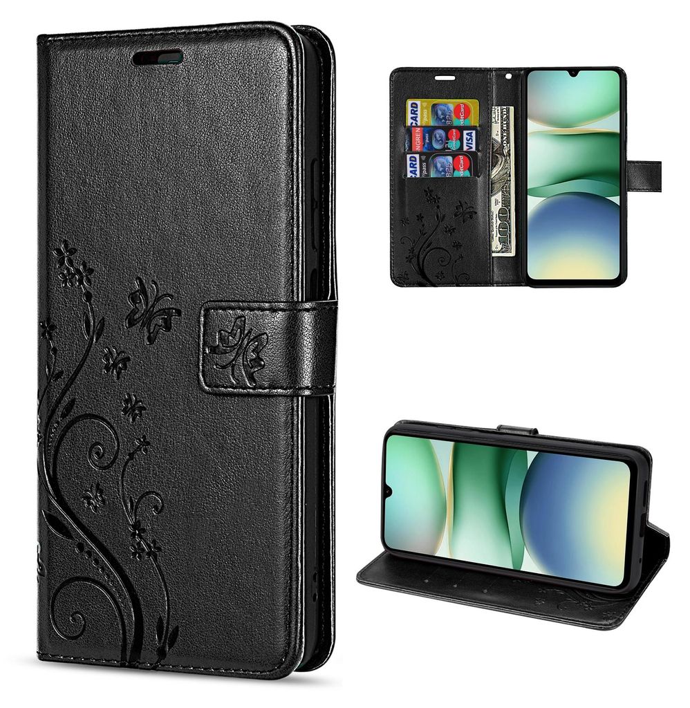 A collage of images showing a black leather flip phone case with a floral design, a phone inside the case, and the case in a stand position.
