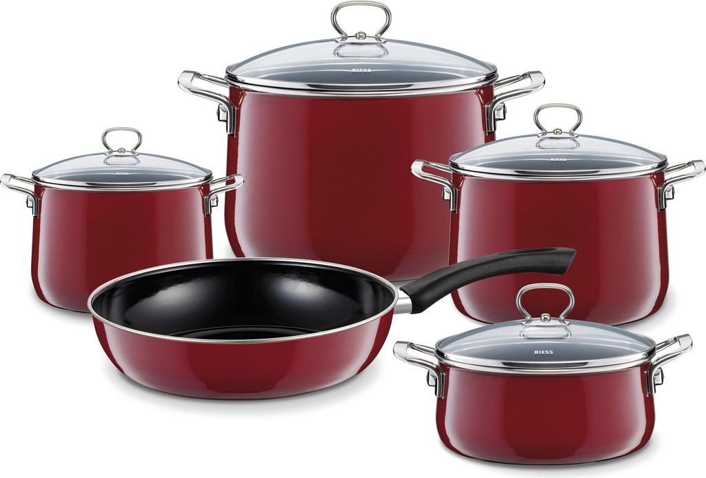 A set of red cookware with glass lids and silver handles, including pots and a frying pan, arranged on a white background.