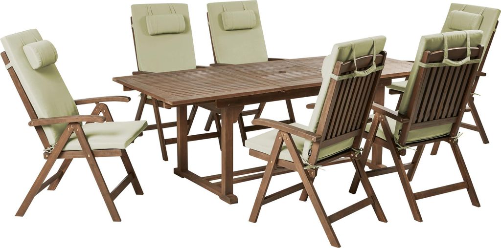 BELIANI Gartenmöbel Set Dunkelbraun und Grün Akazienholz 7-Teilig Ausziehtisch mit 6 Stühlen 6 Auflagen Klappbar Verstellbar Modern Terrasse