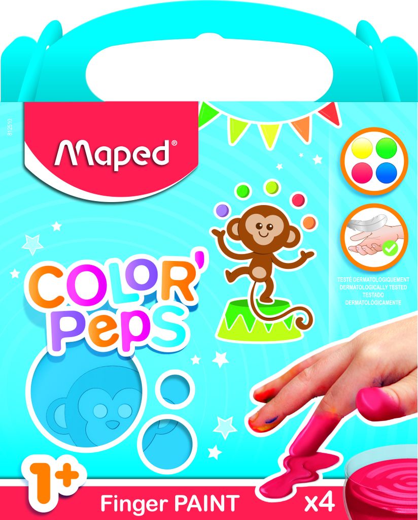 A product shot for Maped finger paints, featuring a monkey illustration and a child's hand with paint.