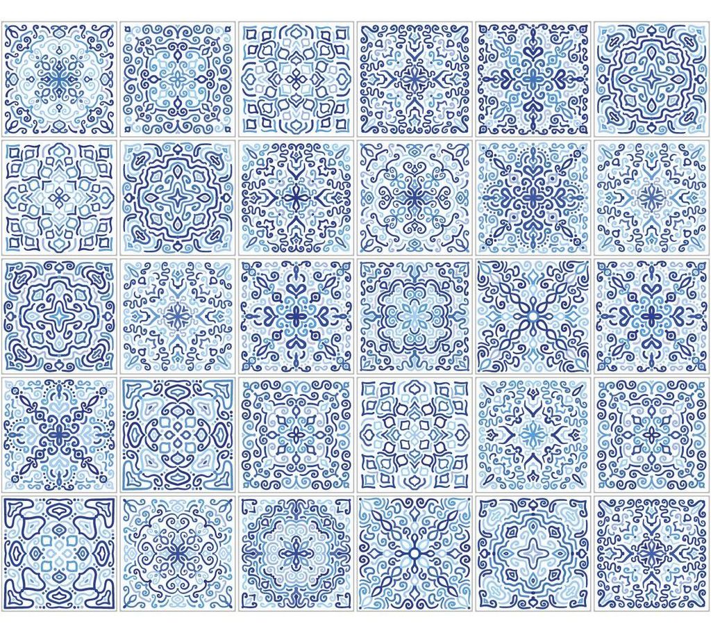 Selbstklebende Fliesenaufkleber für Küche und Bad – 30 Azulejos Diego Zementfliesenaufkleber – 30 Aufkleber 10 x 10 cm
