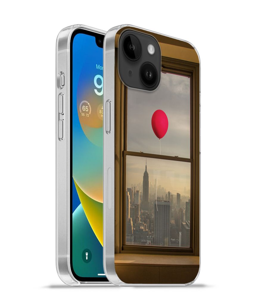 MuchoWow Handyhülle Schutzhülle Hülle für Apple iPhone 14 - Softcase Roter Ballon fliegt an Fenster in New York vorbei Silikon Softcase Handy...