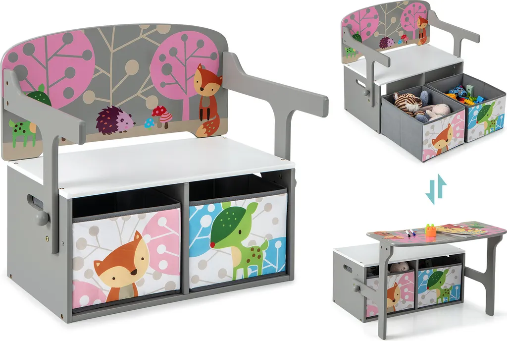 Table et chaise enfant 3 en 1 avec paniers de rangement gris COSTWAY